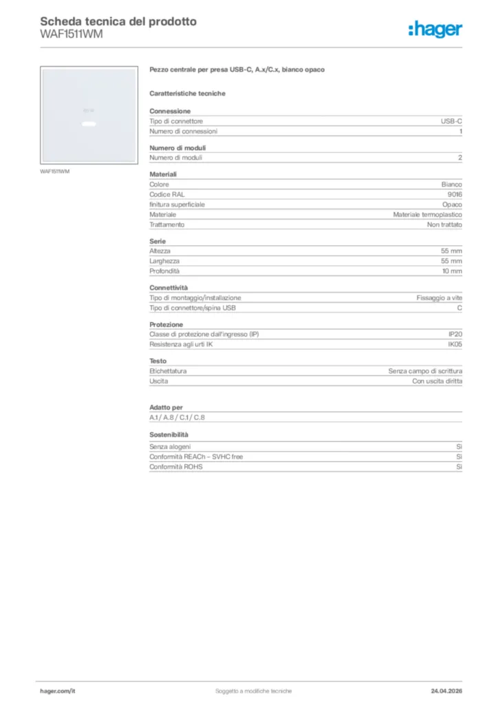 Immagine Hager Scheda tecnica del prodotto WAF1511WM | Hager Italia