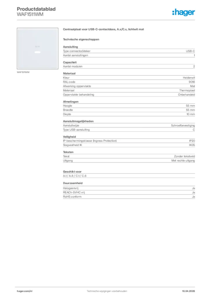 Afbeelding Hager Productdatablad WAF1511WM | Hager Nederland