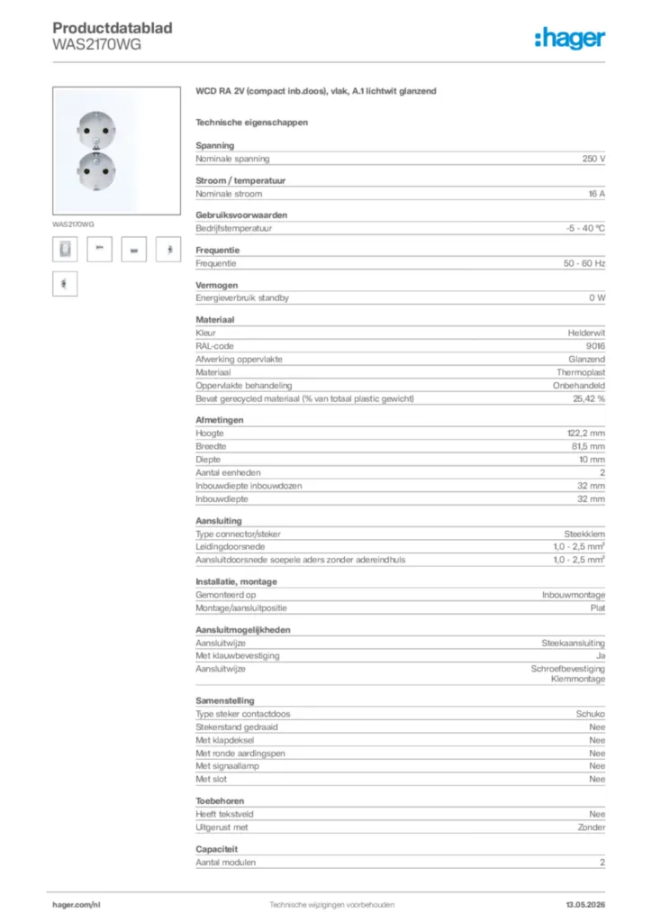 Afbeelding Hager Productdatablad WAS2170WG | Hager Nederland