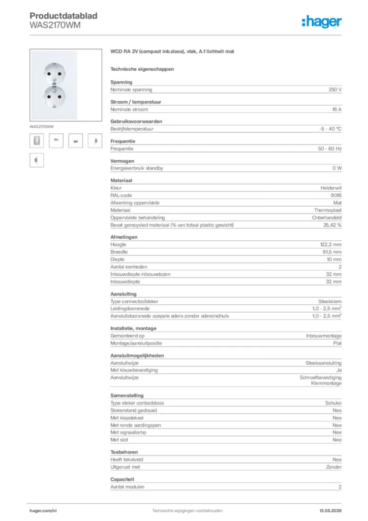 Afbeelding Hager Productdatablad WAS2170WM | Hager Nederland