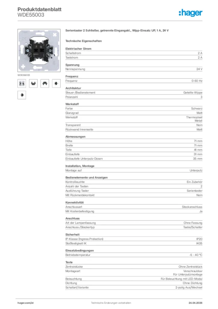 Bild Hager Produktdatenblatt WDE55003 | Hager Deutschland