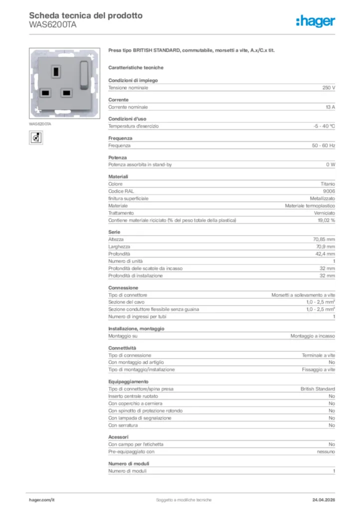 Immagine Hager Scheda tecnica del prodotto WAS6200TA | Hager Italia