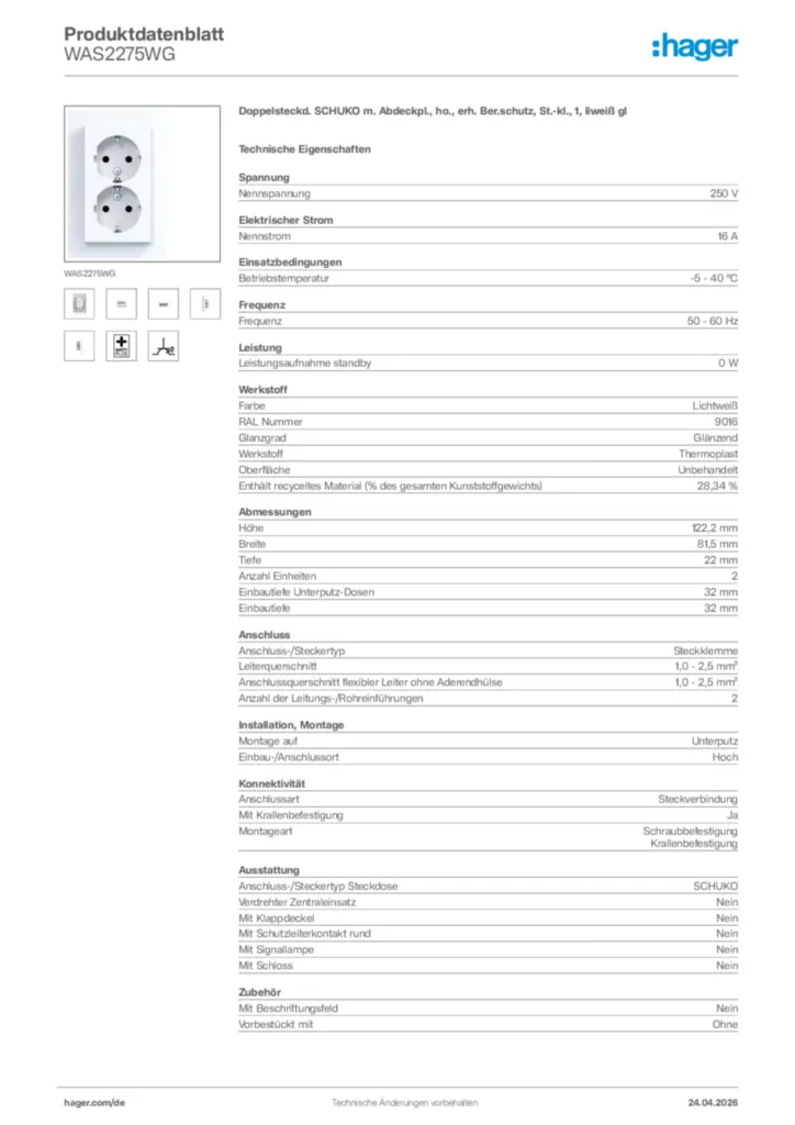 Bild Hager Produktdatenblatt WAS2275WG | Hager Deutschland