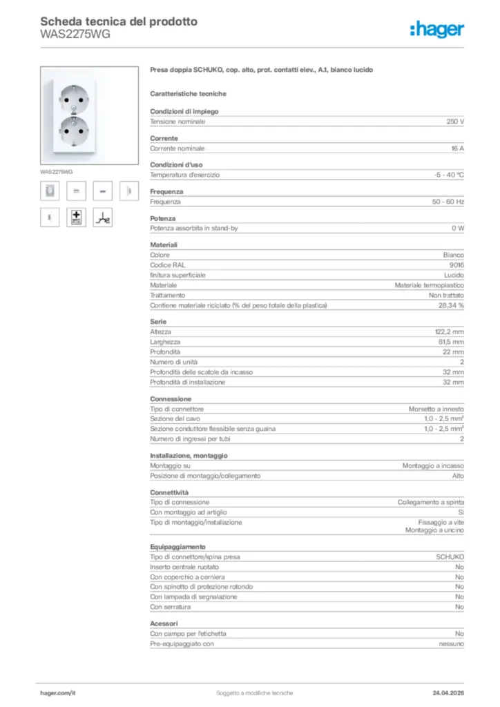 Immagine Hager Scheda tecnica del prodotto WAS2275WG | Hager Italia