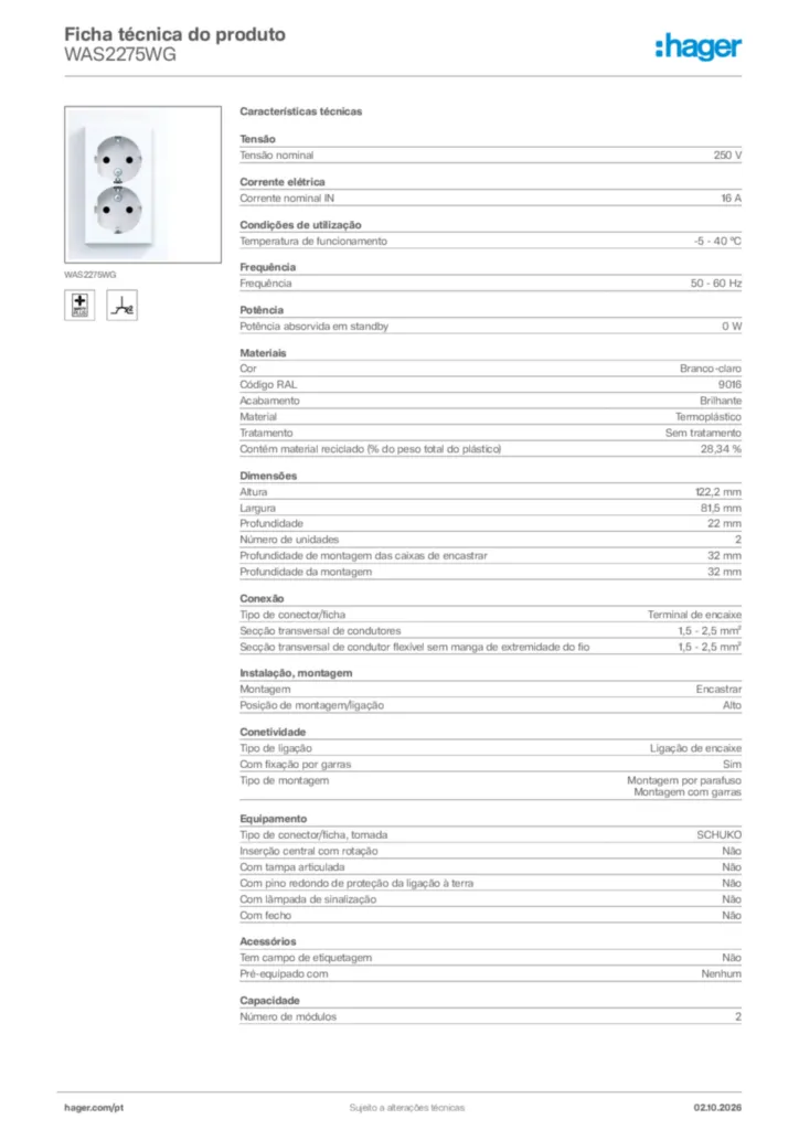 Imagem Hager Ficha técnica do produto WAS2275WG | Hager Portugal