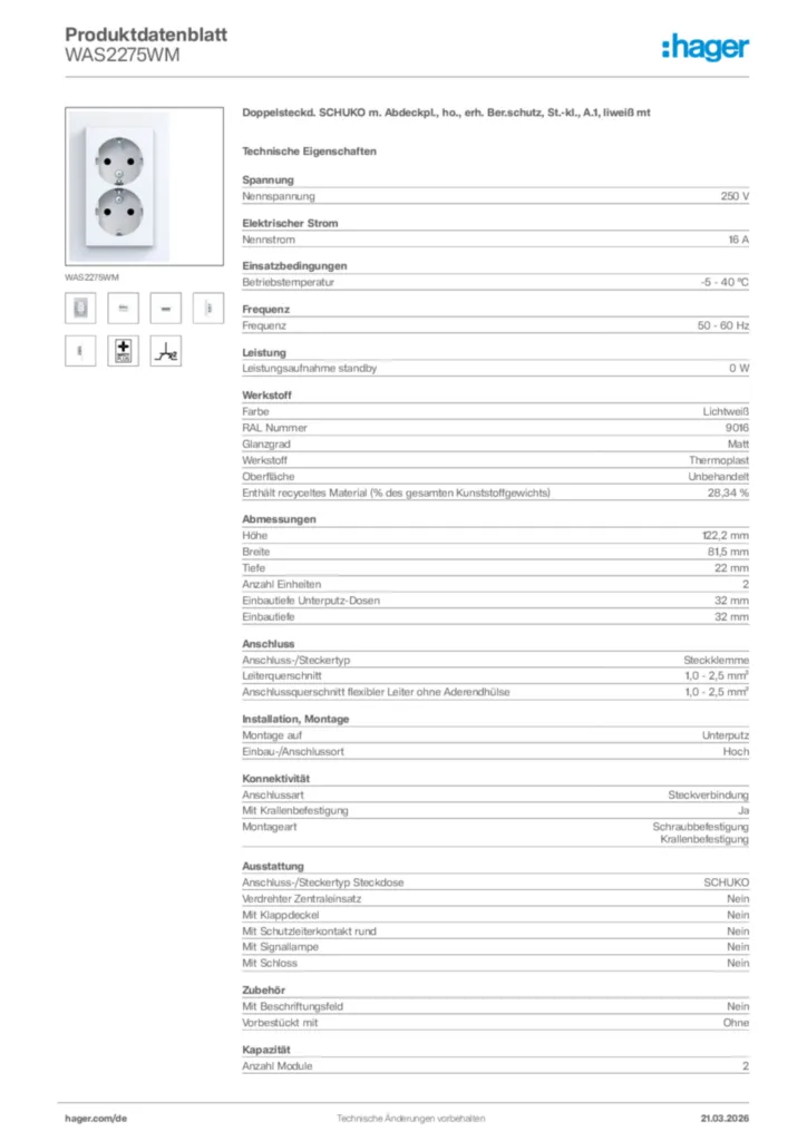 Bild Hager Produktdatenblatt WAS2275WM | Hager Deutschland