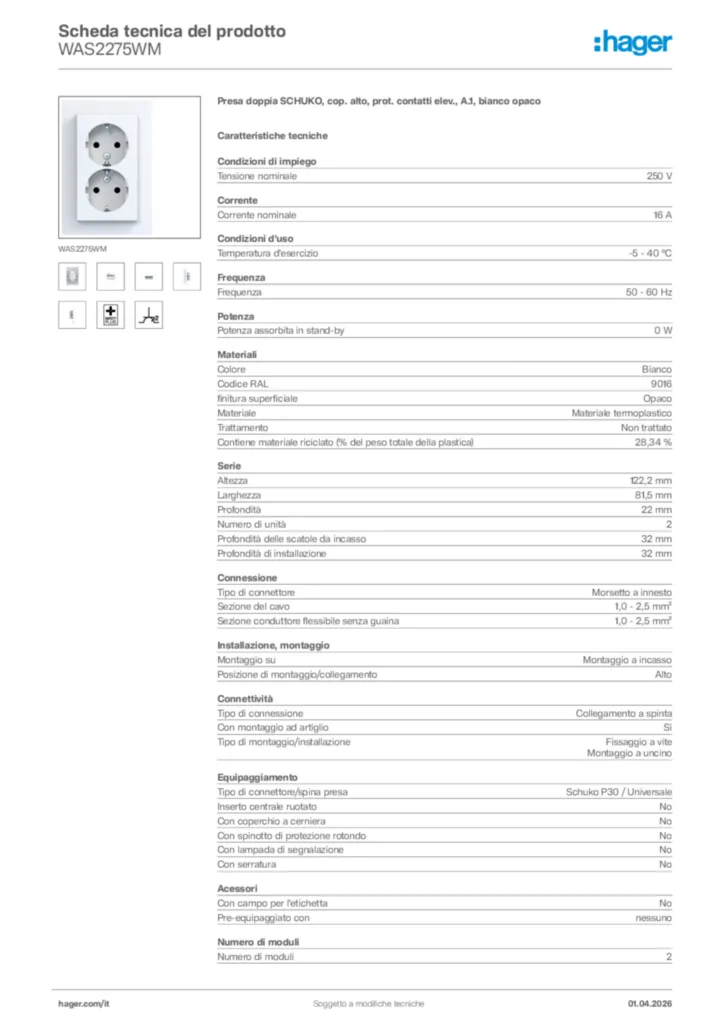 Immagine Hager Scheda tecnica del prodotto WAS2275WM | Hager Italia