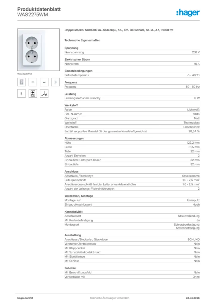 Bild Hager Produktdatenblatt WAS2275WM | Hager Deutschland