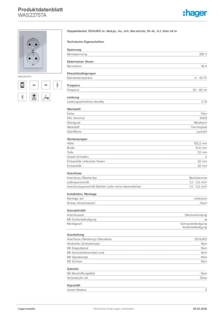 Bild Hager Produktdatenblatt WAS2275TA | Hager Deutschland