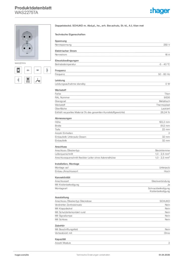 Bild Hager Produktdatenblatt WAS2275TA | Hager Deutschland