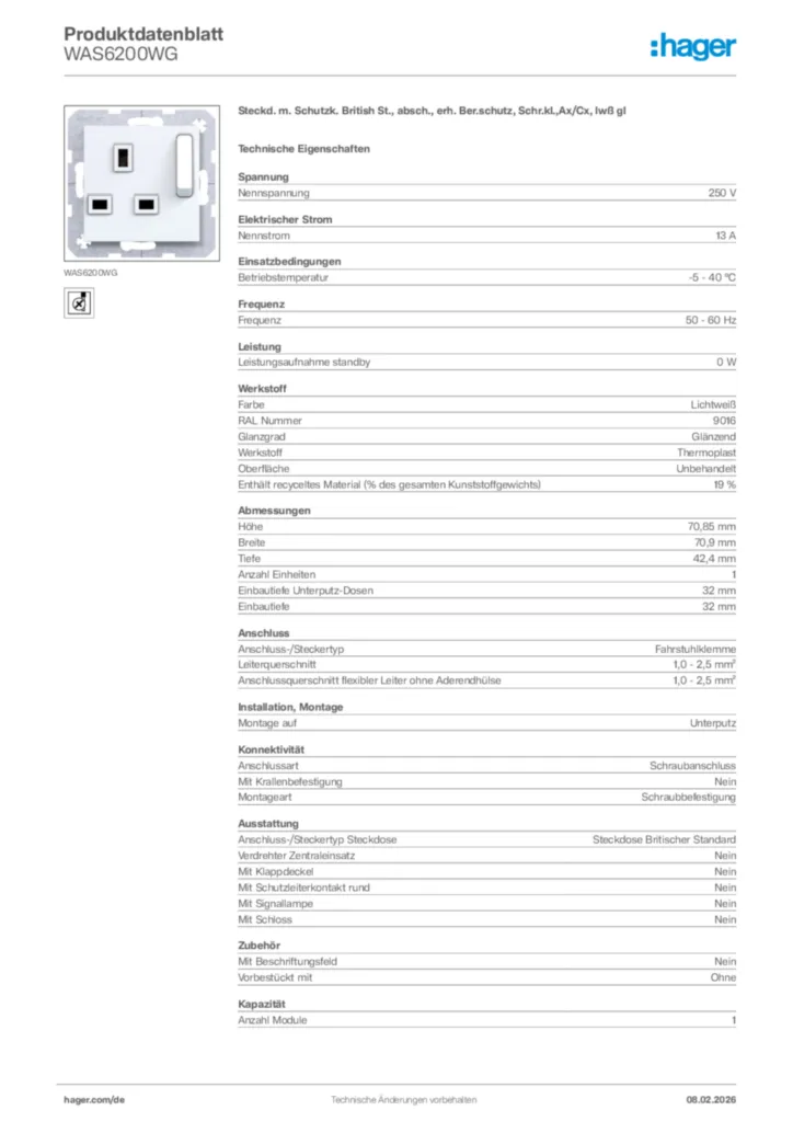 Bild Hager Produktdatenblatt WAS6200WG | Hager Deutschland