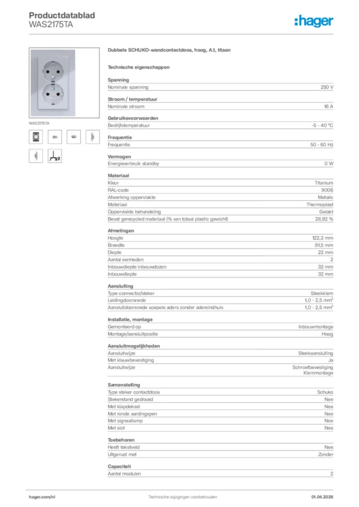 Afbeelding Hager Productdatablad WAS2175TA | Hager Nederland