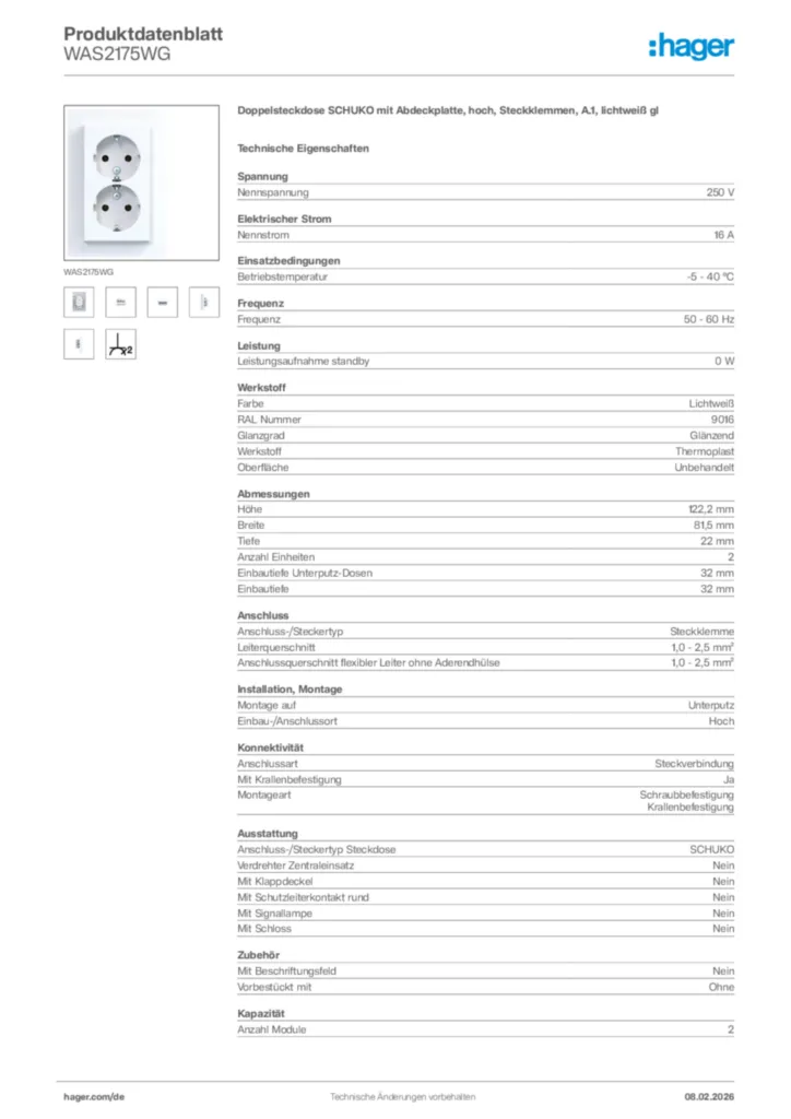 Bild Hager Produktdatenblatt WAS2175WG | Hager Deutschland