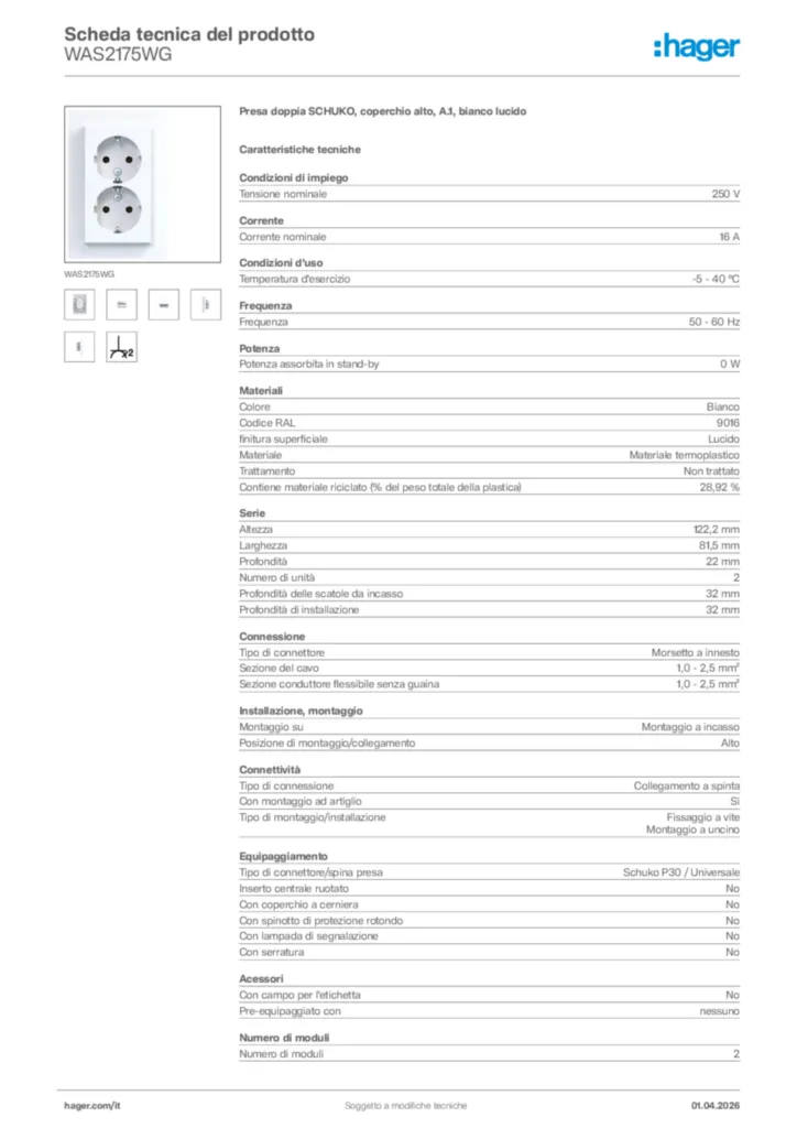 Immagine Hager Scheda tecnica del prodotto WAS2175WG | Hager Italia