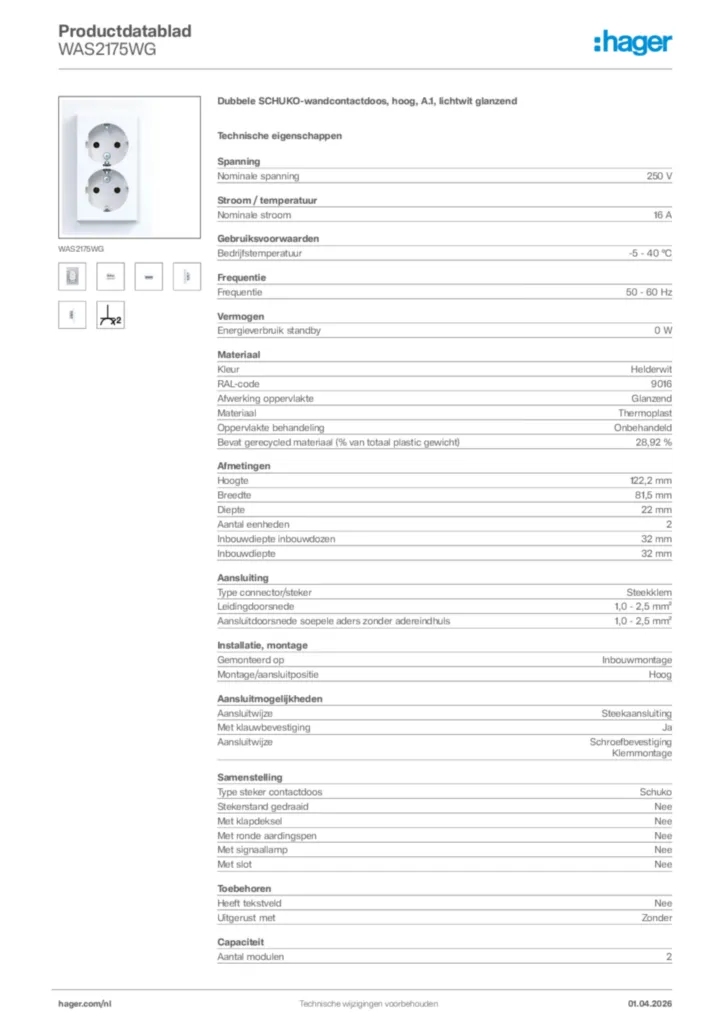 Afbeelding Hager Productdatablad WAS2175WG | Hager Nederland