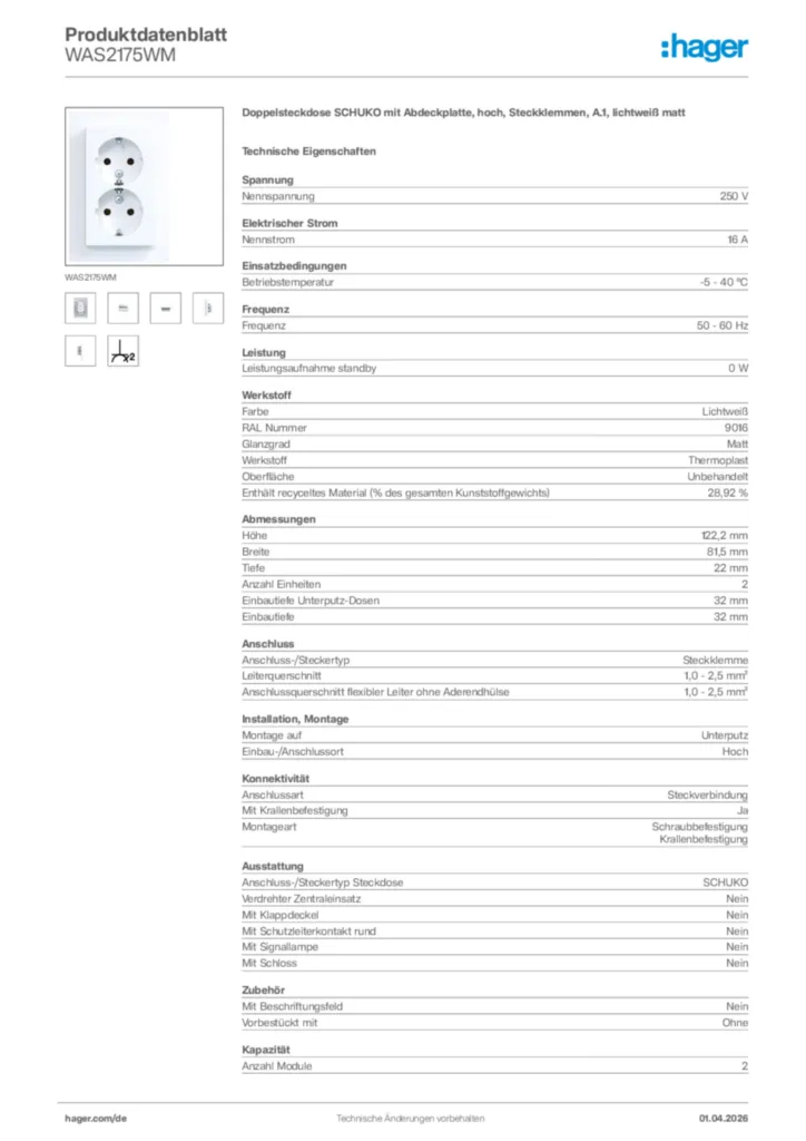 Bild Hager Produktdatenblatt WAS2175WM | Hager Deutschland
