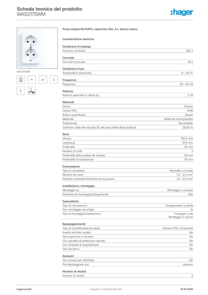 Immagine Hager Scheda tecnica del prodotto WAS2175WM | Hager Italia