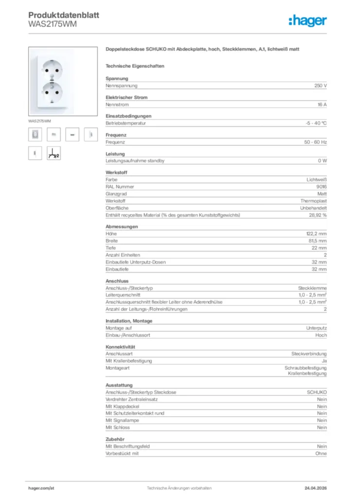 Bild Hager Produktdatenblatt WAS2175WM | Hager Deutschland