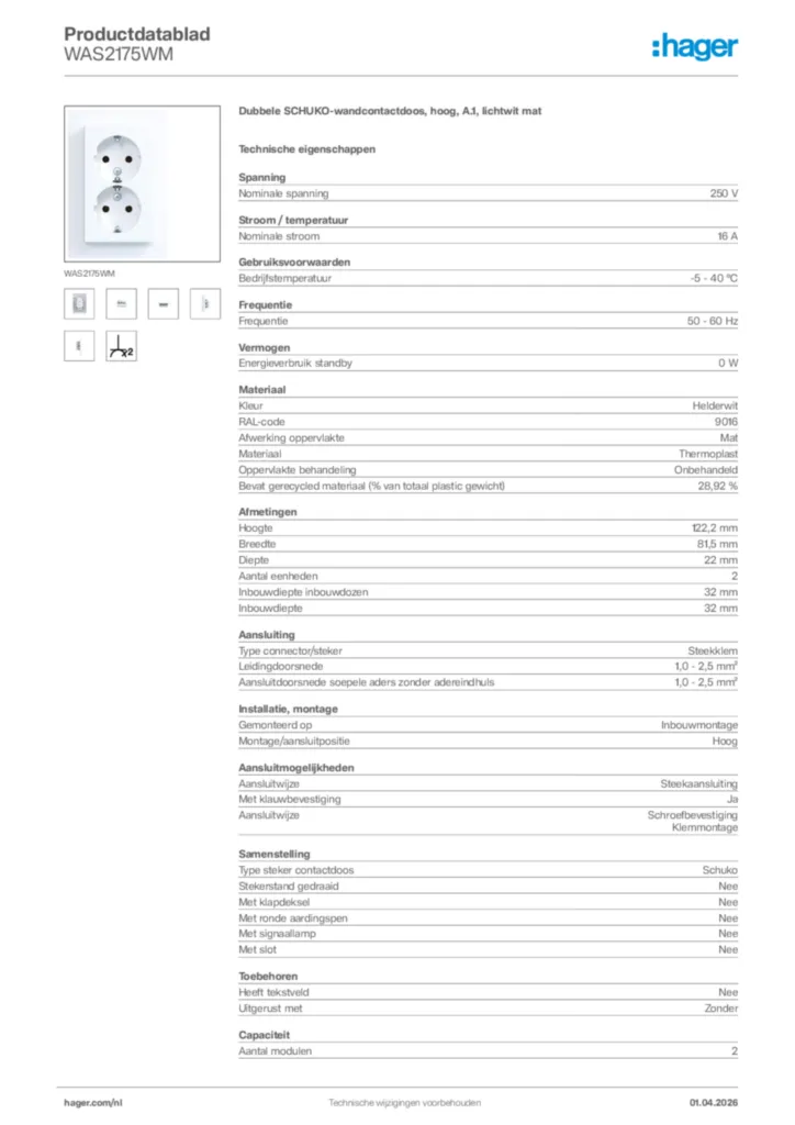 Afbeelding Hager Productdatablad WAS2175WM | Hager Nederland