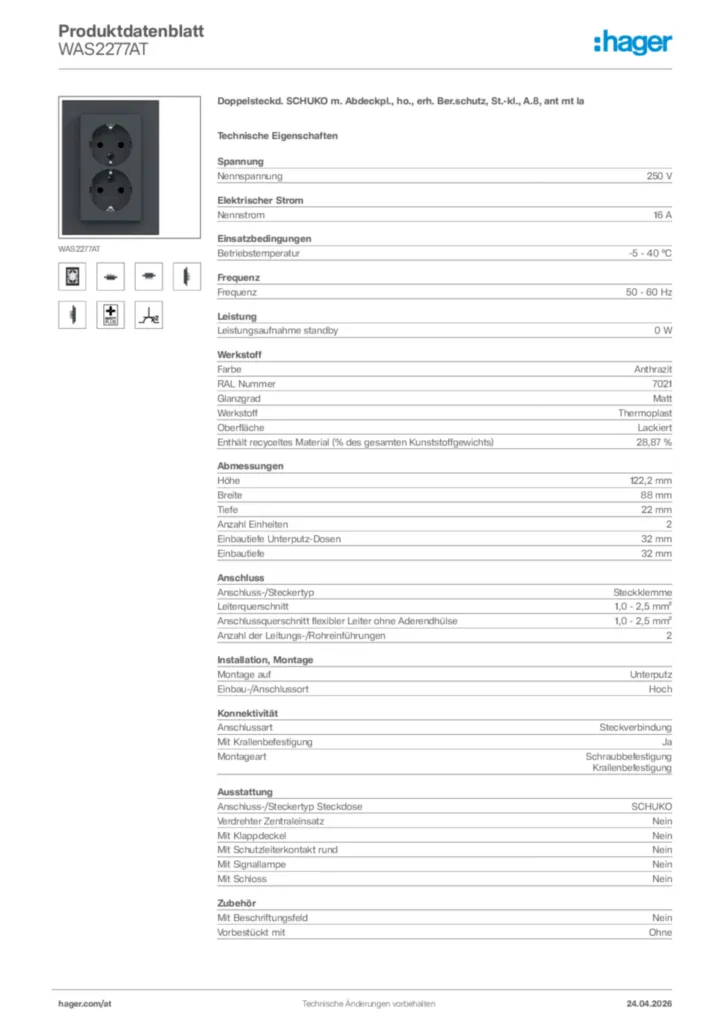 Bild Hager Produktdatenblatt WAS2277AT | Hager Deutschland