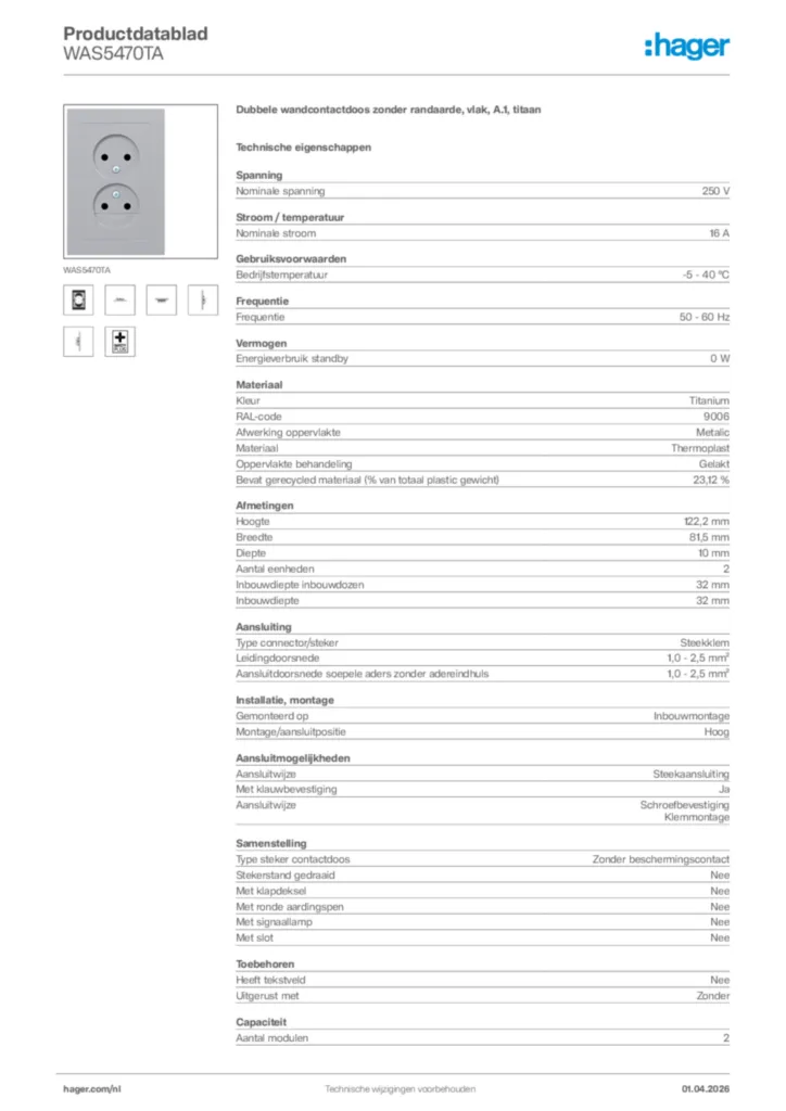Afbeelding Hager Productdatablad WAS5470TA | Hager Nederland