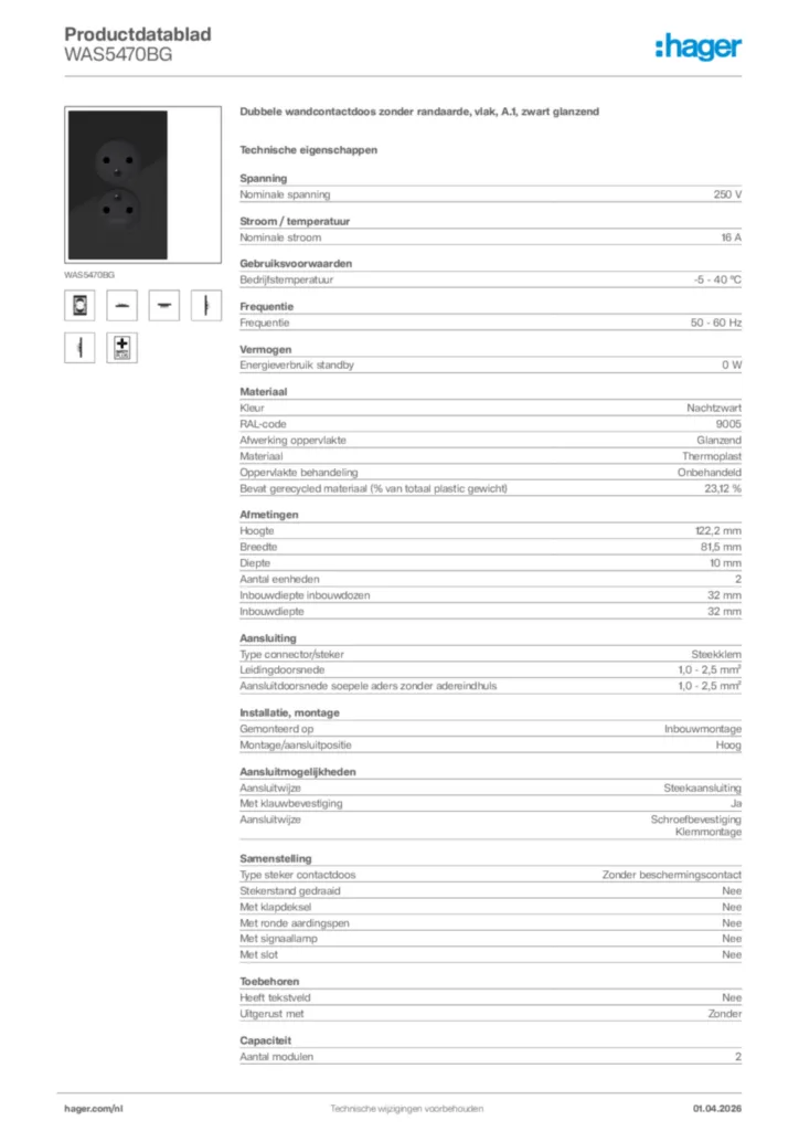 Afbeelding Hager Productdatablad WAS5470BG | Hager Nederland