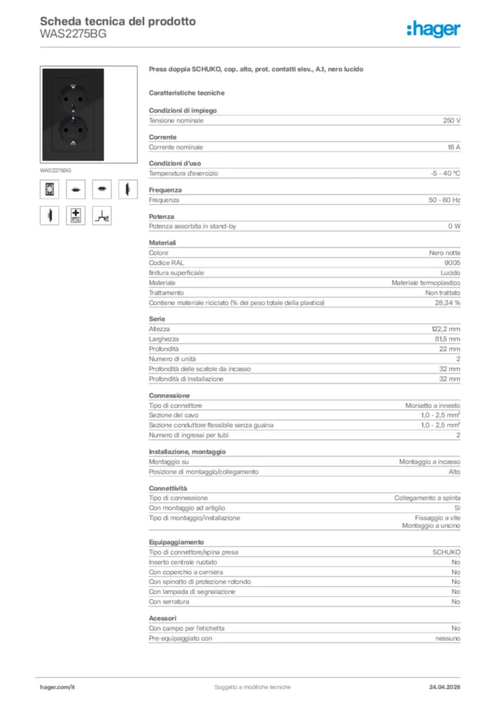 Immagine Hager Scheda tecnica del prodotto WAS2275BG | Hager Italia