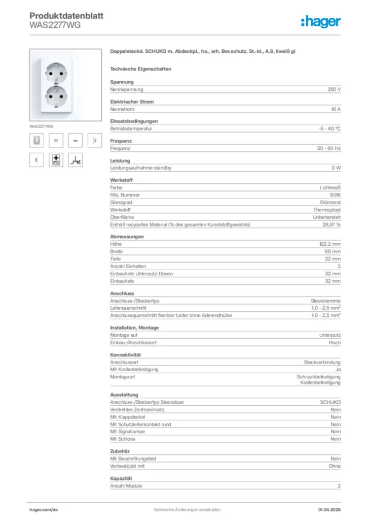Bild Hager Produktdatenblatt WAS2277WG | Hager Deutschland