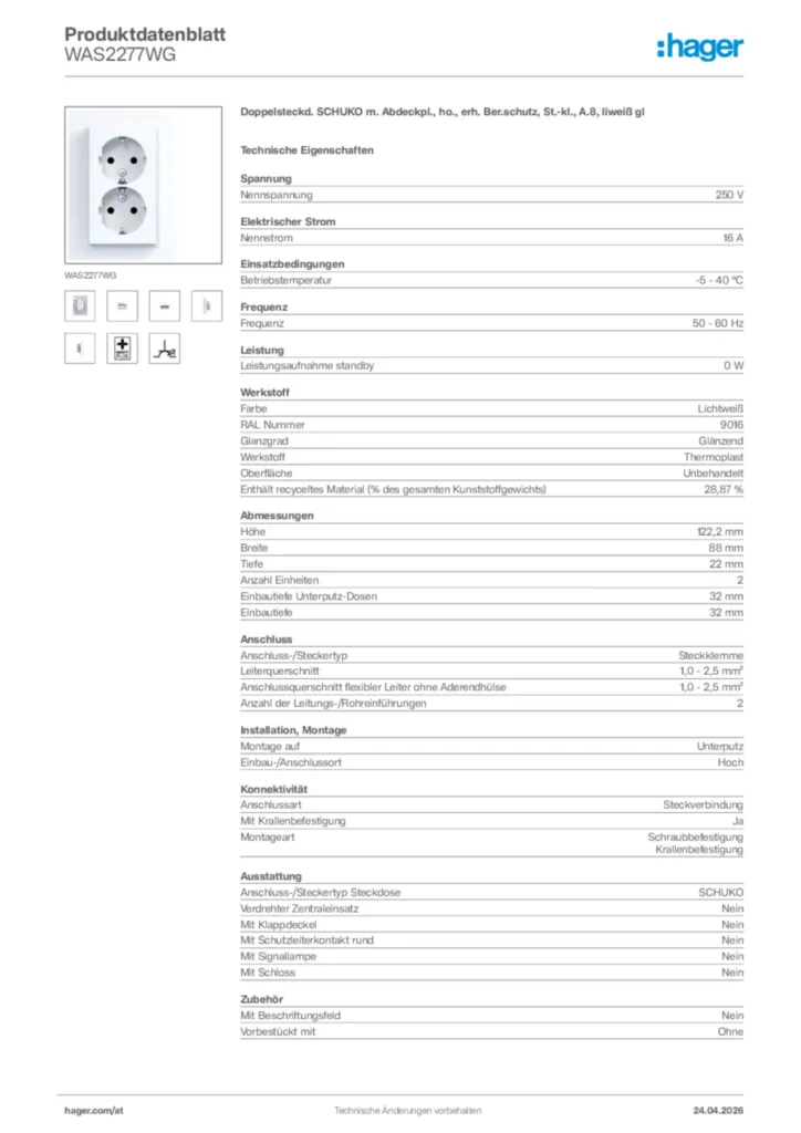 Bild Hager Produktdatenblatt WAS2277WG | Hager Deutschland