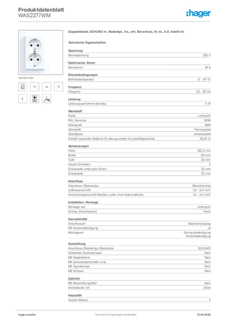 Bild Hager Produktdatenblatt WAS2277WM | Hager Deutschland