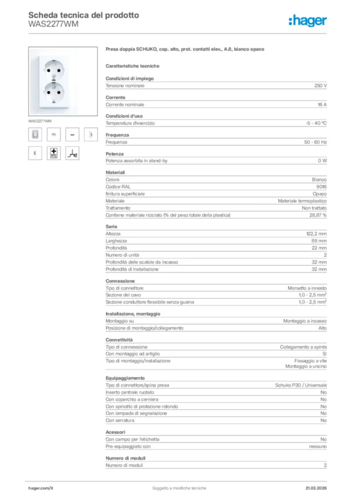 Immagine Hager Scheda tecnica del prodotto WAS2277WM | Hager Italia