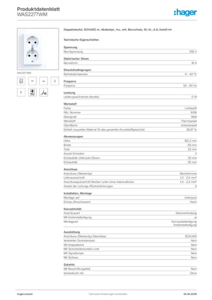 Bild Hager Produktdatenblatt WAS2277WM | Hager Deutschland