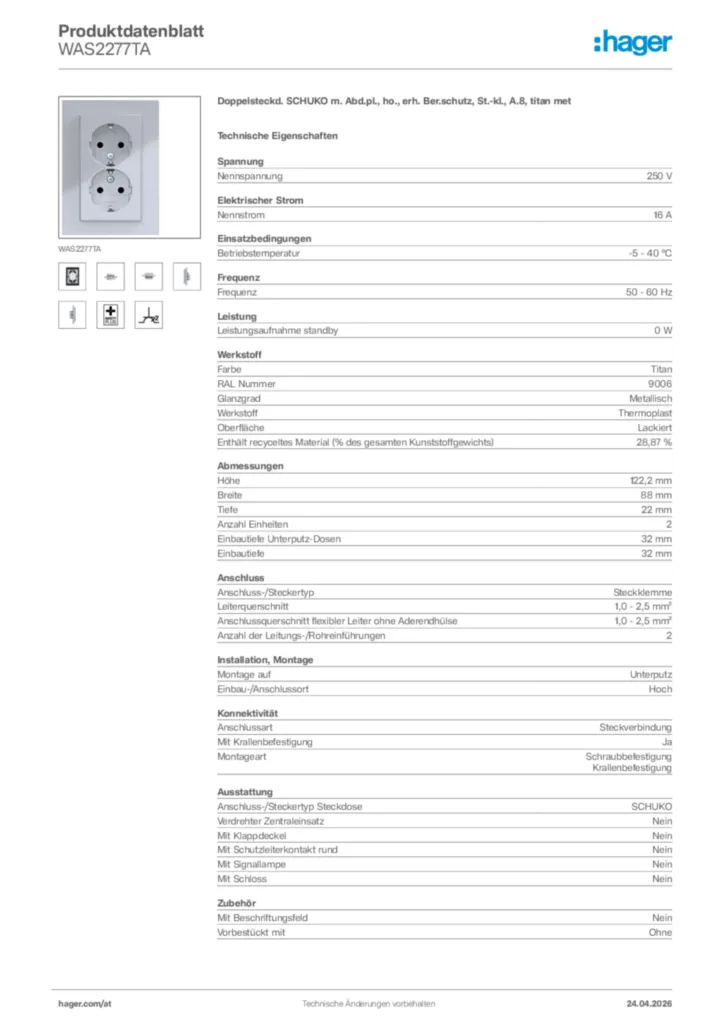 Bild Hager Produktdatenblatt WAS2277TA | Hager Deutschland