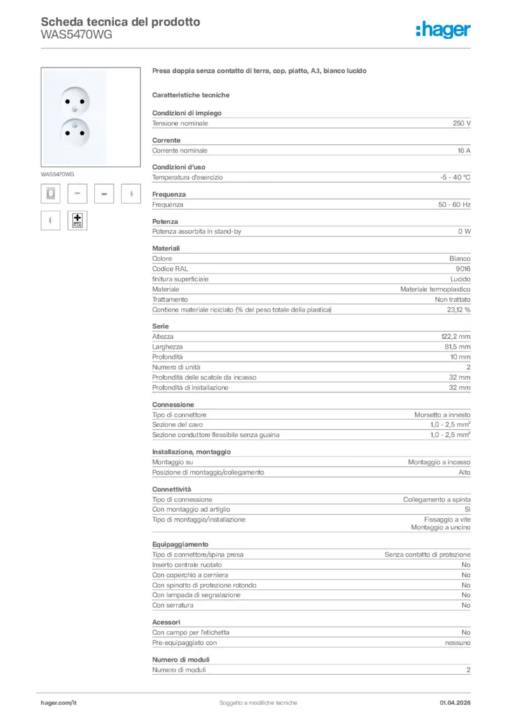 Immagine Hager Scheda tecnica del prodotto WAS5470WG | Hager Italia
