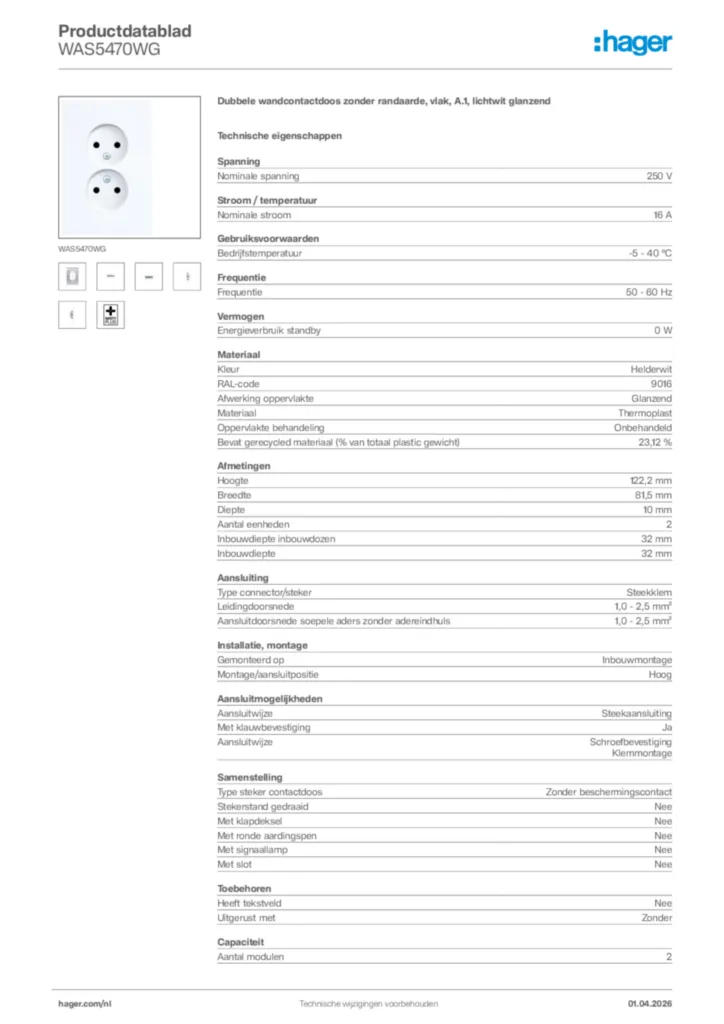 Afbeelding Hager Productdatablad WAS5470WG | Hager Nederland