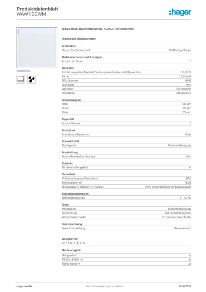 Bild Hager Produktdatenblatt WAW1100WM | Hager Deutschland