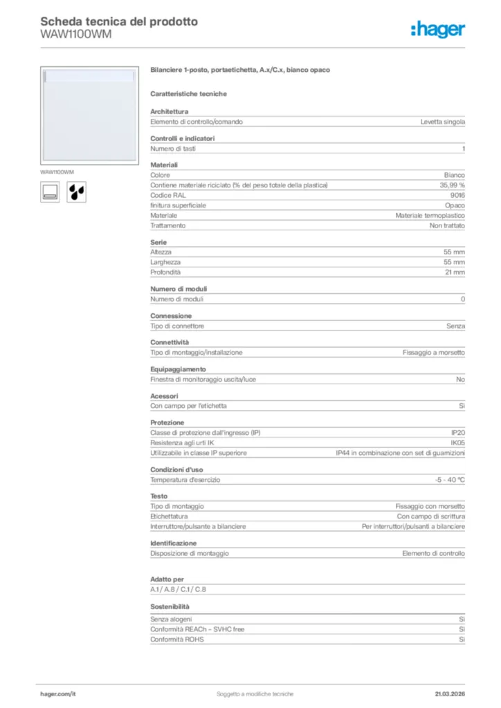 Immagine Hager Scheda tecnica del prodotto WAW1100WM | Hager Italia