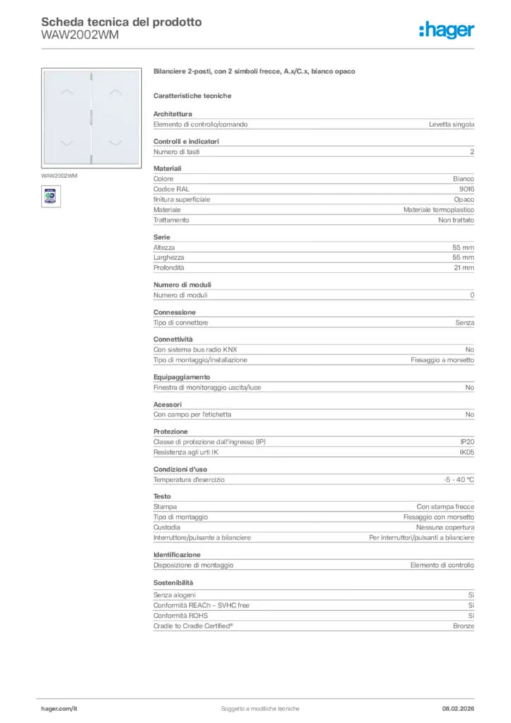 Immagine Hager Scheda tecnica del prodotto WAW2002WM | Hager Italia