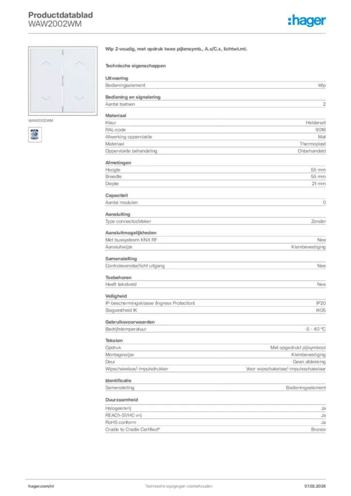 Afbeelding Hager Productdatablad WAW2002WM | Hager Nederland