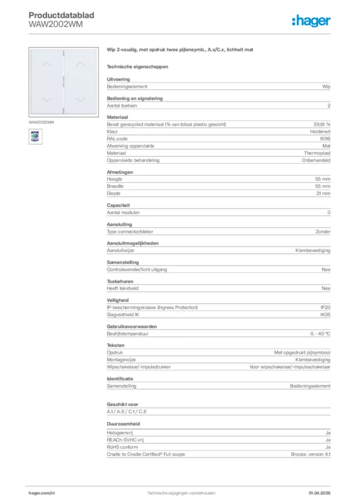 Afbeelding Hager Productdatablad WAW2002WM | Hager Nederland