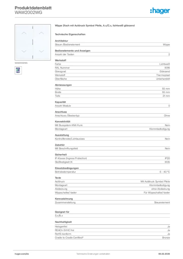 Bild Hager Produktdatenblatt WAW2002WG | Hager Deutschland