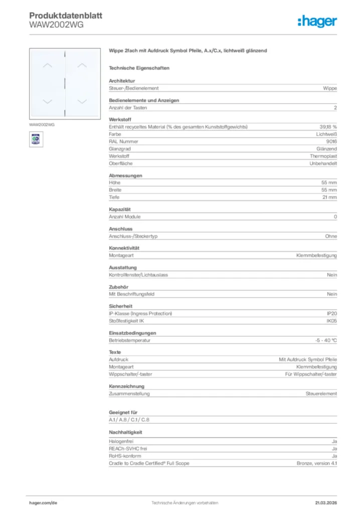 Bild Hager Produktdatenblatt WAW2002WG | Hager Deutschland