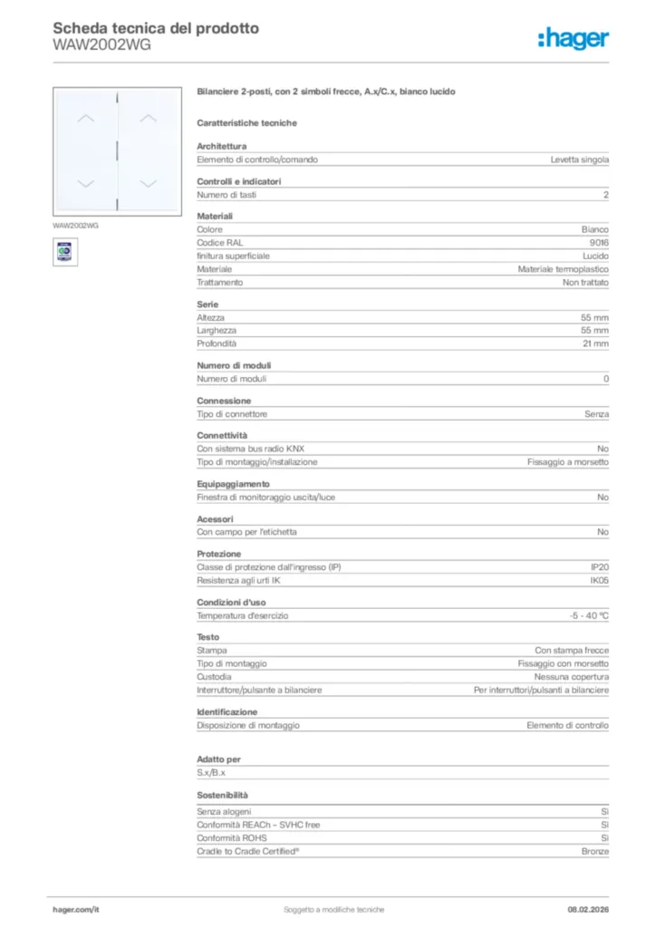 Immagine Hager Scheda tecnica del prodotto WAW2002WG | Hager Italia