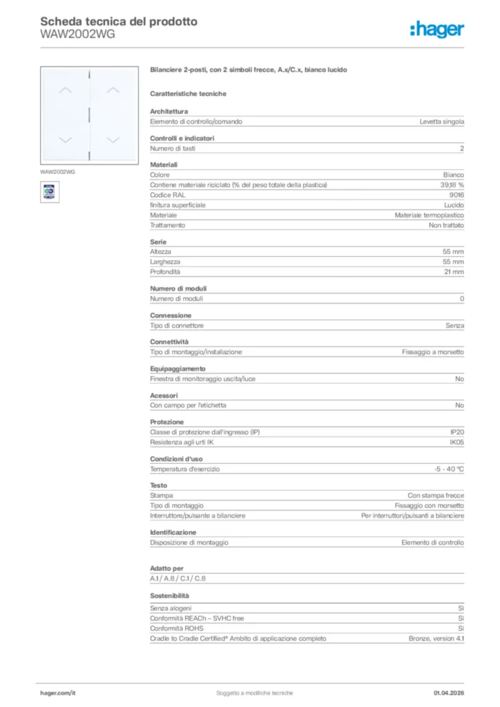 Immagine Hager Scheda tecnica del prodotto WAW2002WG | Hager Italia