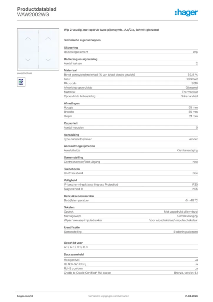 Afbeelding Hager Productdatablad WAW2002WG | Hager Nederland