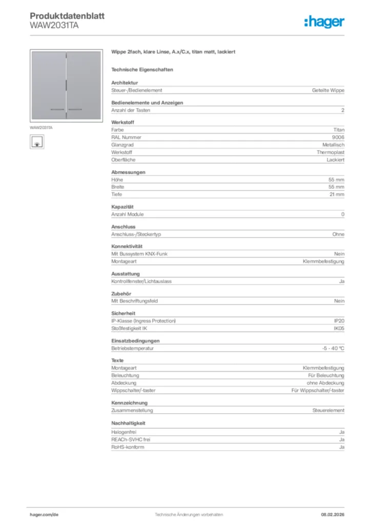 Bild Hager Produktdatenblatt WAW2031TA | Hager Deutschland