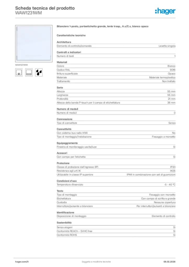 Immagine Hager Scheda tecnica del prodotto WAW1231WM | Hager Italia