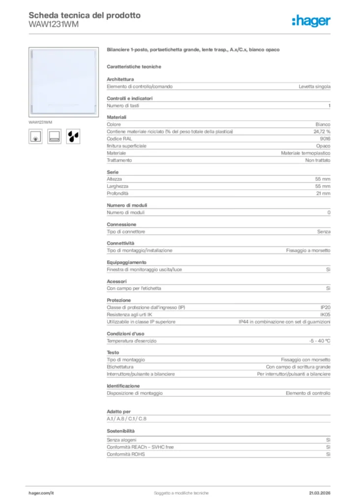 Immagine Hager Scheda tecnica del prodotto WAW1231WM | Hager Italia