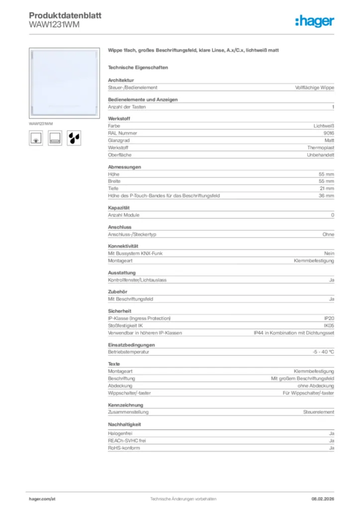Bild Hager Produktdatenblatt WAW1231WM | Hager Deutschland