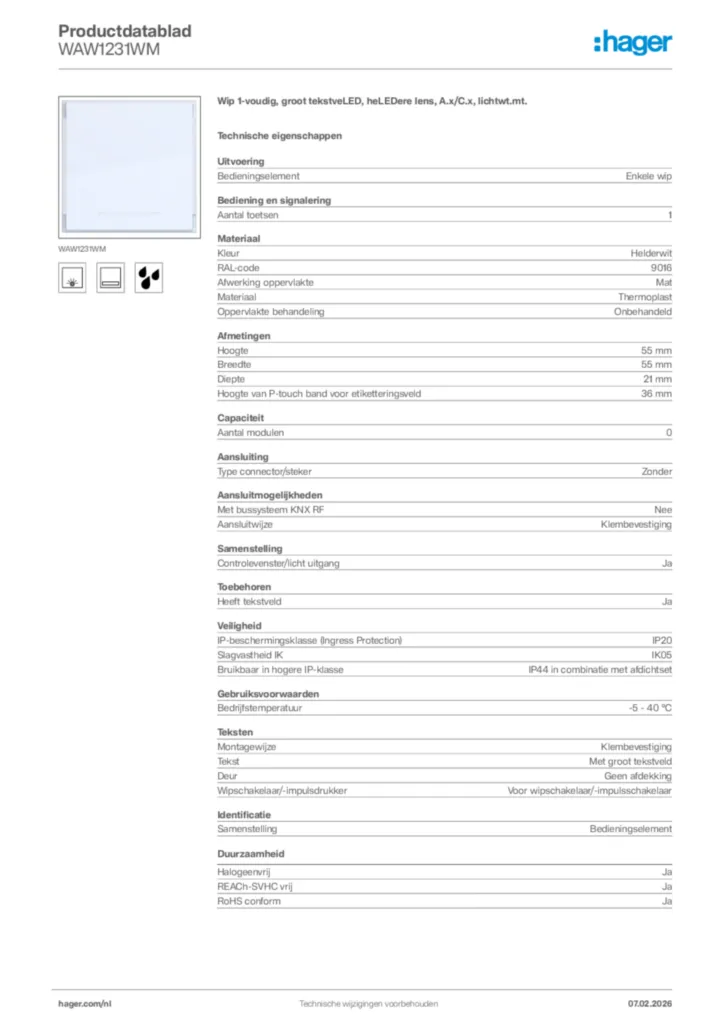 Afbeelding Hager Productdatablad WAW1231WM | Hager Nederland